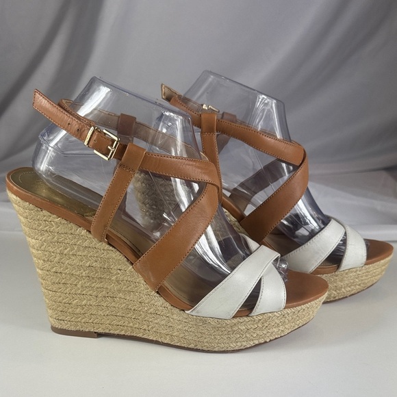 Vince Camuto High Heel Wedges Tan Camel White OpenToe Leather Summer Shoes - Picture 6 of 12